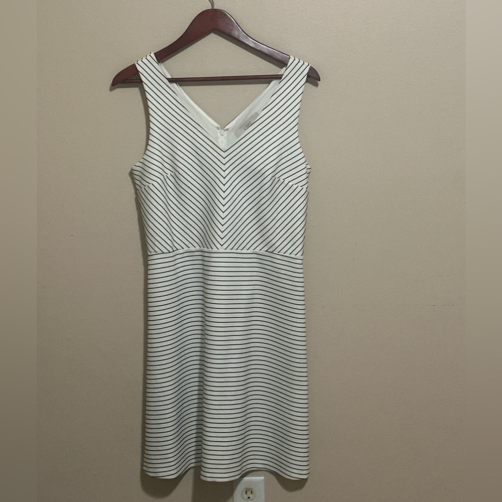 LOFT White Dress with Black Stripes V-Neck Midi